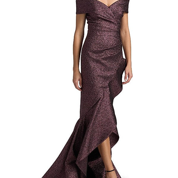 Metallic Jacquard Off The Shoulder Gown