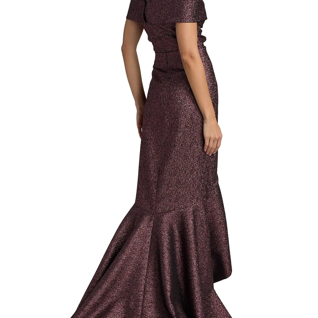 Metallic Jacquard Off The Shoulder Gown