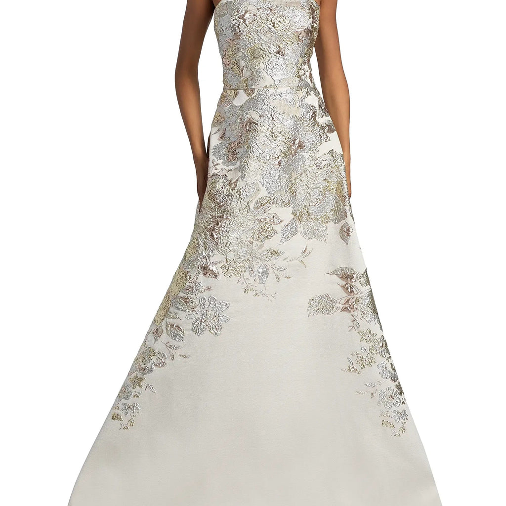 Strapless Metallic Jacquard A Line Gown