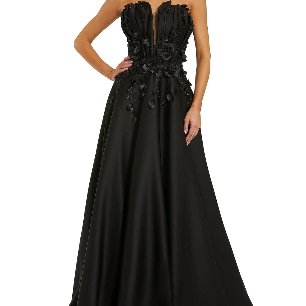 Strapless Satin Gown With Beaded Floral Appliqué