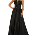 Strapless Satin Gown With Beaded Floral Appliqué