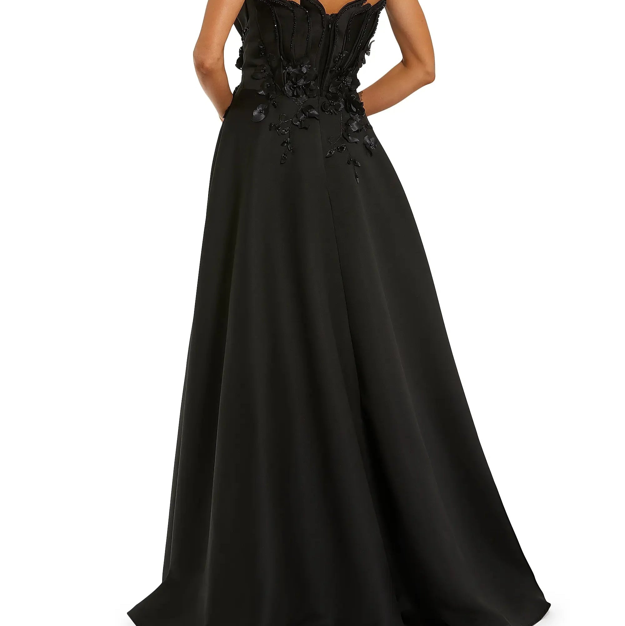 Strapless Satin Gown With Beaded Floral Appliqué