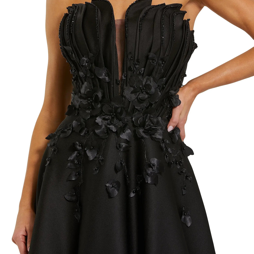 Strapless Satin Gown With Beaded Floral Appliqué