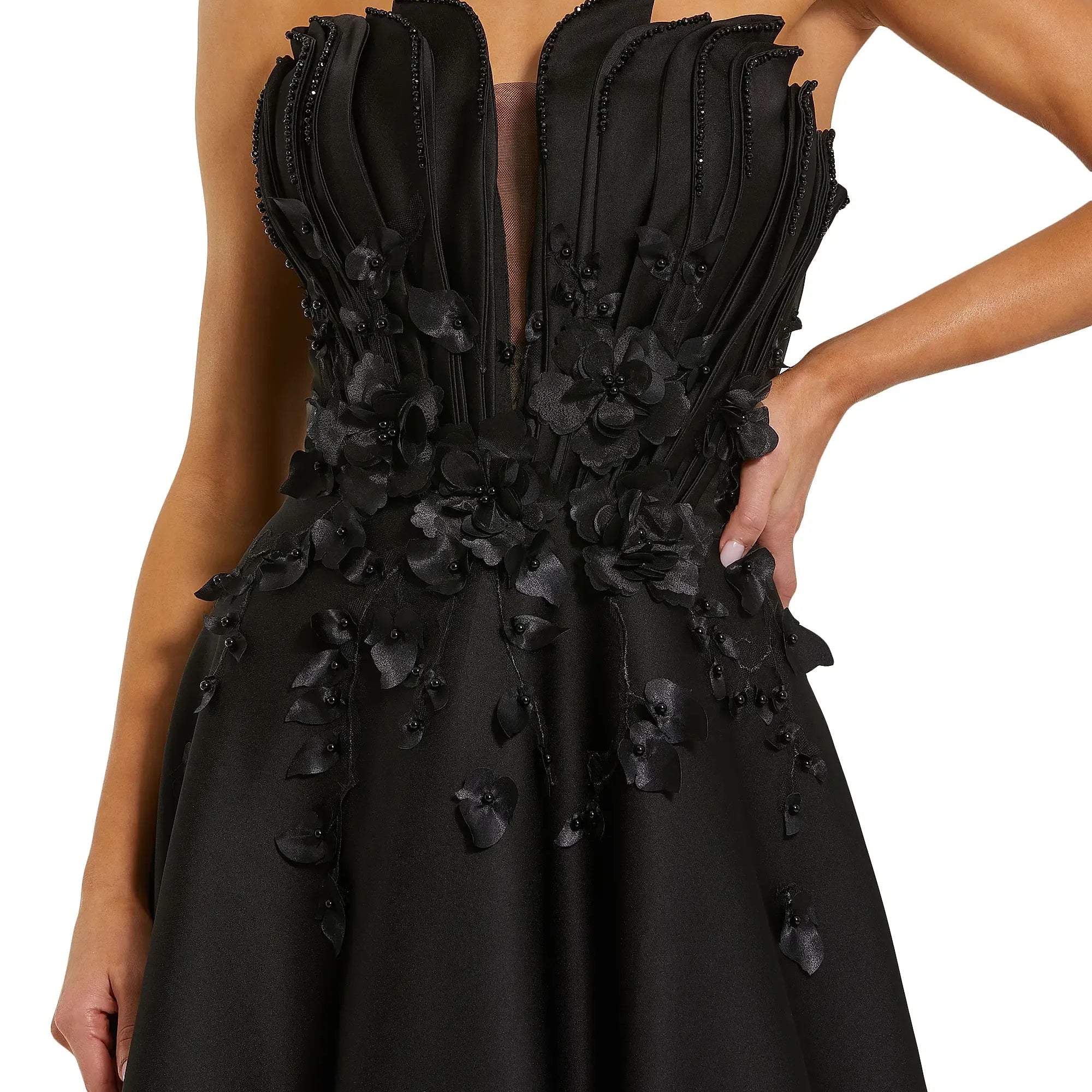 Strapless Satin Gown With Beaded Floral Appliqué